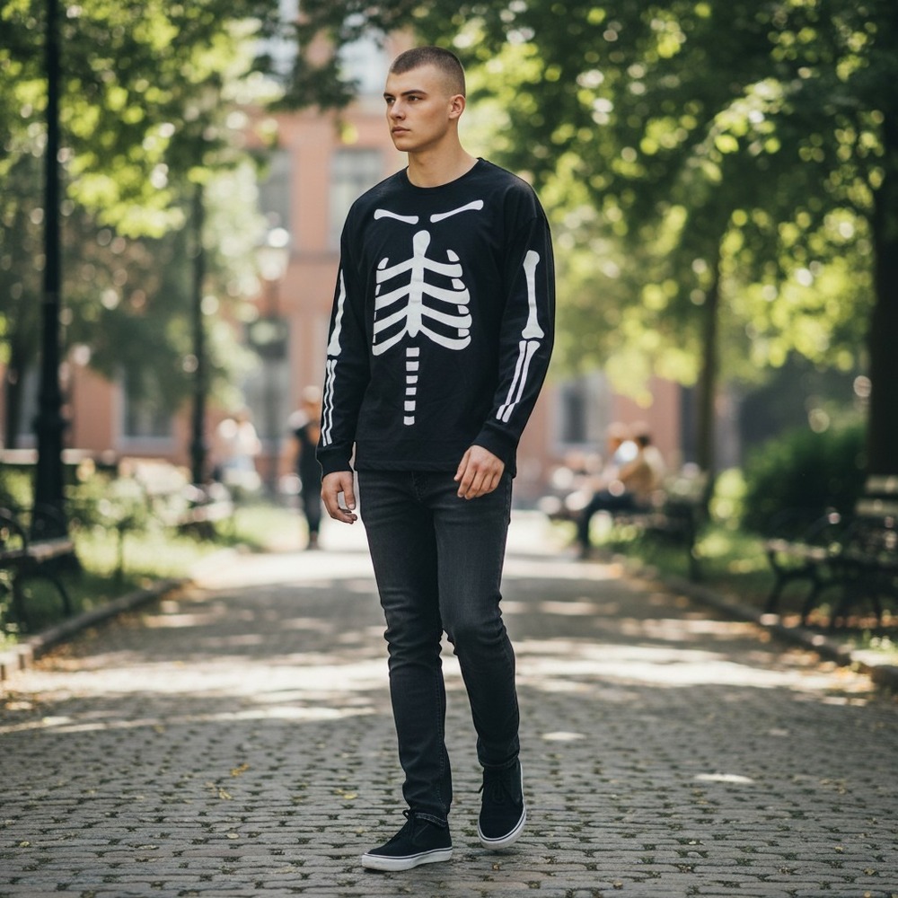 Hyde and Eek Boutique Mens XL Skeleton Graphic Long Sleeve Ribbed Shirt Black